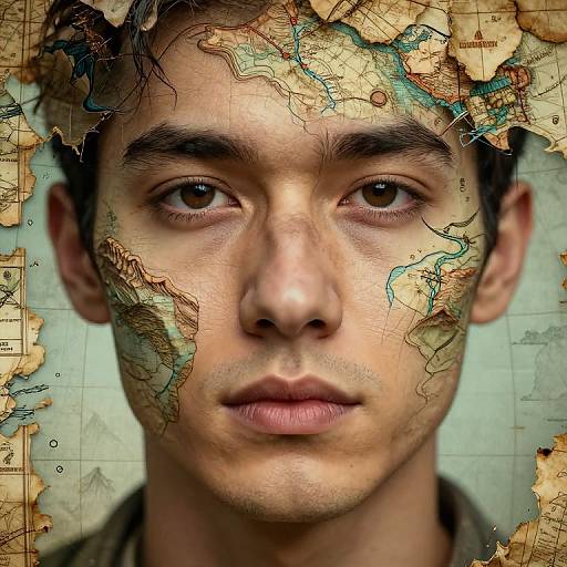 Photograph of a young man with olive skin and brown eyes, face overlaid with a detailed, aged map of Africa, creating a surreal, blended