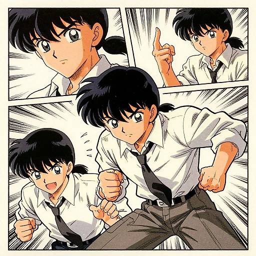 Anime-style comic panel of a determined, black-haired boy in a white shirt and black tie, fists clenched, preparing to fight. Dynamic, action