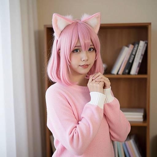 Photograph of an Asian woman with pink hair, cat ears, and pink sweater, standing in front of a bookshelf, hands near her face,