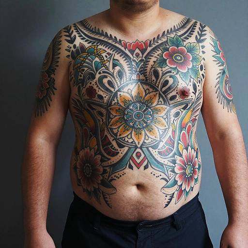 Vibrant Tribal and Floral Stomach Tattoos