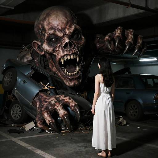 Woman Confronts Grotesque Creature in Garage