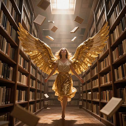 Photograph-style digital art: Angelic woman with golden wings and dress, books floating around, running down sunlit library aisle.