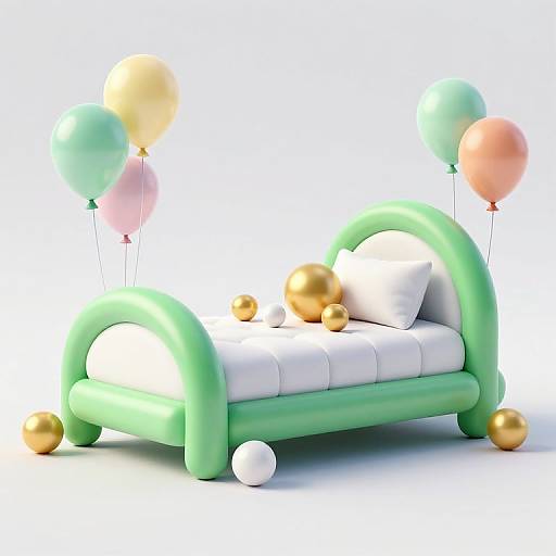 Photorealistic CGI of a green, inflatable bed with white mattress, white pillow, surrounded by pastel balloons and gold spheres.