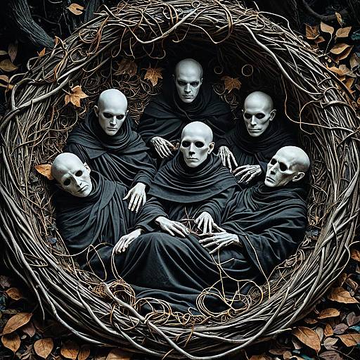 Eerie Faceless Monks in Twisted Nest