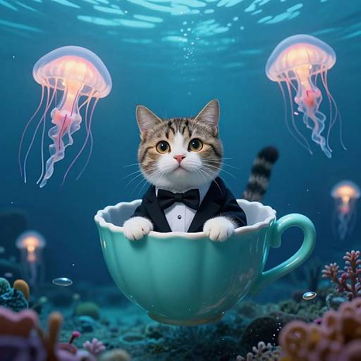 Cat in Tuxedo in Teacup Submarine Underwater