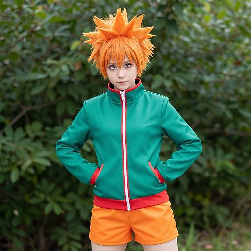 Photograph of a person with spiky orange hair, wearing a green zip-up jacket, red and white stripe, and orange shorts, standing confidently against