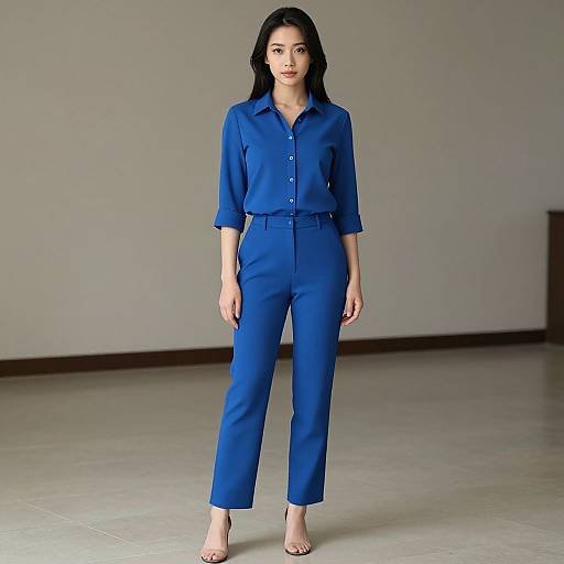 Photograph of an Asian woman with shoulder-length black hair, wearing a blue button-up shirt and matching high-waisted pants, standing confidently in a