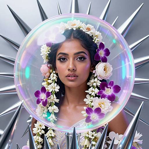 Photograph of an Indian woman with dark hair, wearing a floral crown, inside a glowing, iridescent bubble, surrounded by metallic spikes.