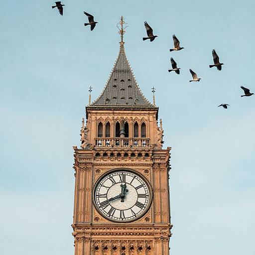 Photograph of Big Ben clock tower with detailed Gothic architecture, featuring a large black clock face and seven black birds flying in a clear blue sky.