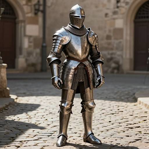 Photorealistic CGI of a fully armored medieval knight in shiny silver plate armor standing on a sunlit cobblestone street in front of a medieval stone
