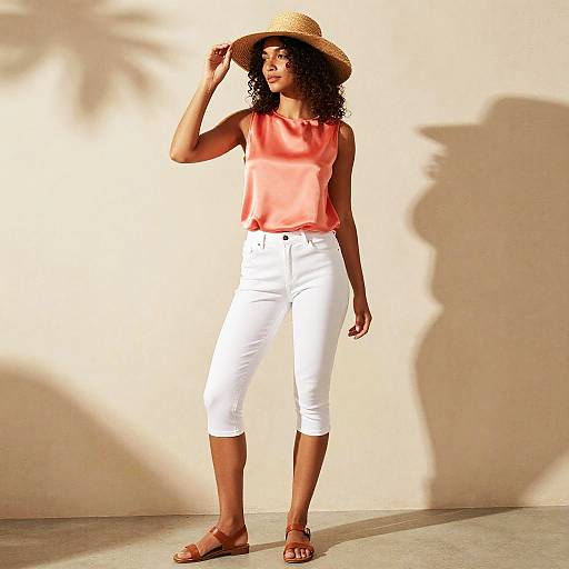 Summer Fashion with Coral Silk Top and White Capri Pants
