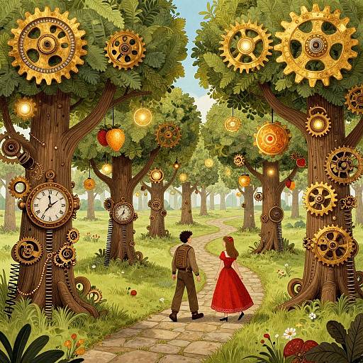 Whimsical illustration of a man in brown suit and a woman in red dress walking through a forest of clock-gear trees, with glowing gears and