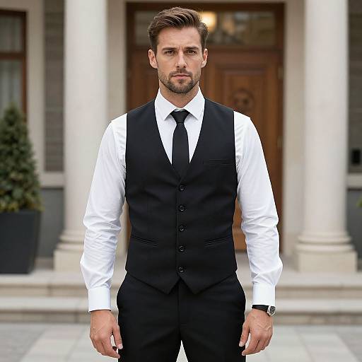 Photograph of a handsome, bearded man in a black vest, white shirt, and black tie standing in front of a classical building.