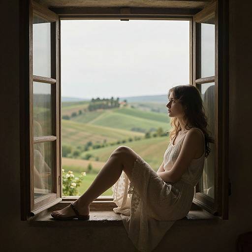 Photograph of a woman with wavy brown hair, wearing a white lace dress, sitting on a windowsill, gazing at a lush, rolling