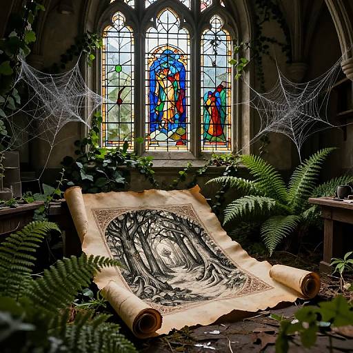 Abandoned church with stained glass window, spider webs, ferns, and mysterious, swirling ink drawing on aged parchment. Dark, mystical atmosphere.