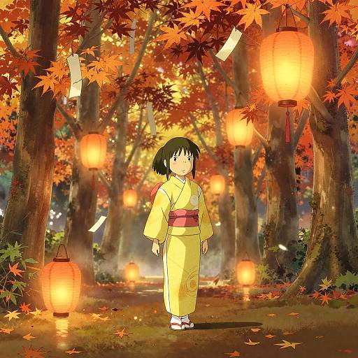 Girl in Yellow Kimono in Autumn Maple Grove