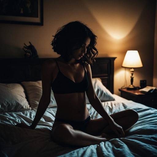 Silhouetted Woman Sitting on Bed at Night