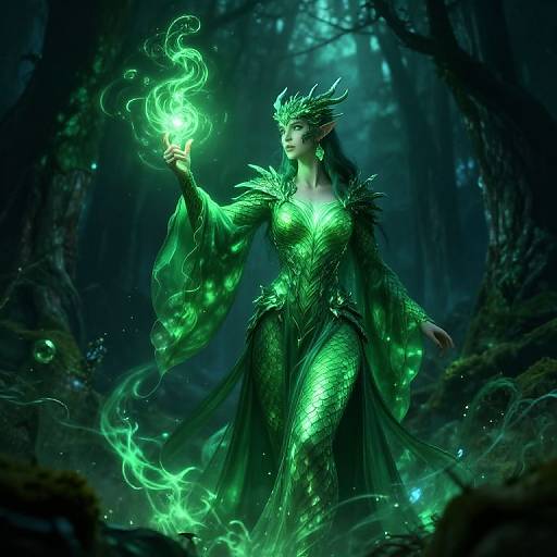 Digital artwork of a green-glowing, fairy-like woman in an ethereal forest, holding a swirling green flame with intricate, glowing armor and flowing
