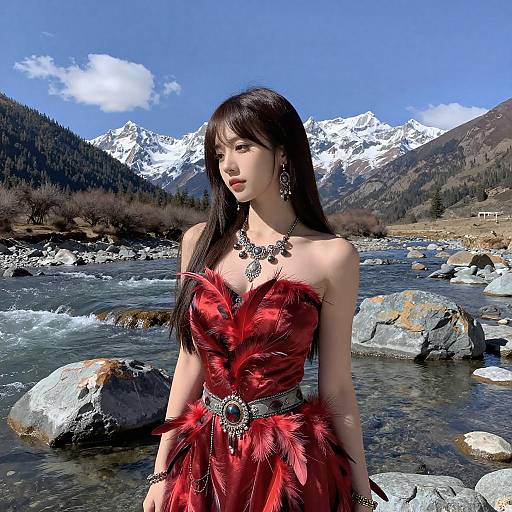Woman in Red Feather Dress by Mountain River