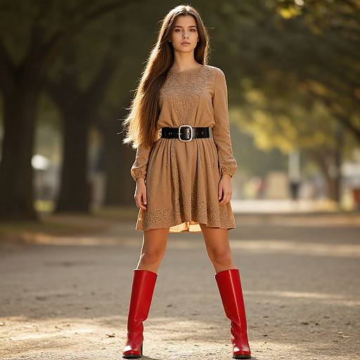 Photograph of a young woman with long brown hair, wearing a beige dress with lace details, black belt, and bright red knee-high boots, standing