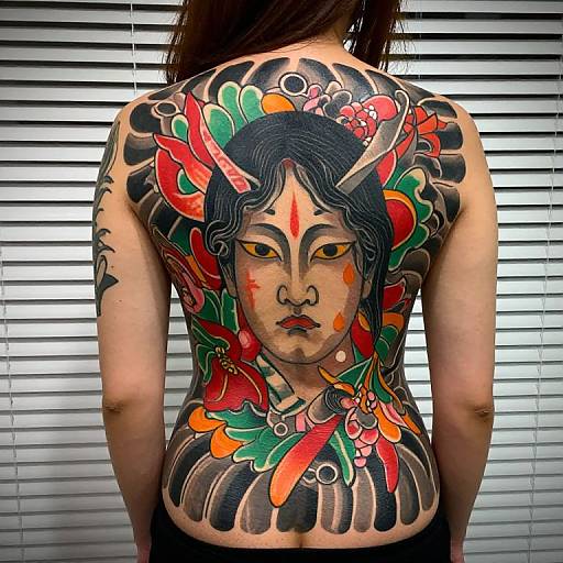 Colorful Japanese Full-Back Tattoo