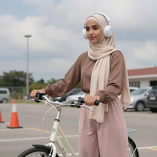 Young Woman with Bicycle in Parking Lot