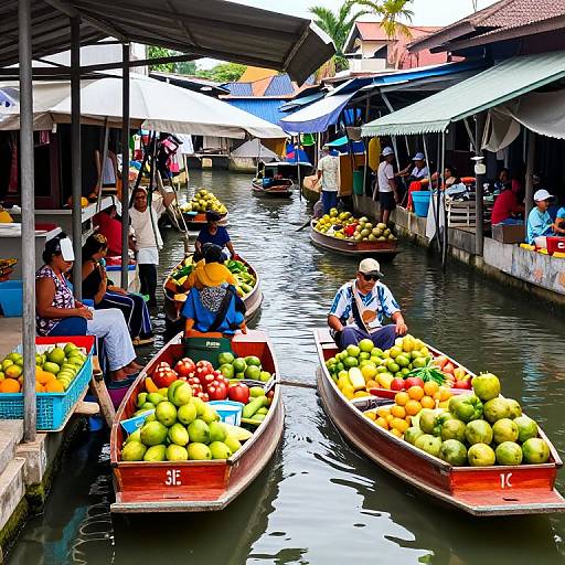 Colorful photograph of a bustling floating market with wooden boats filled with vibrant fruits, vendors under shaded stalls, and people interacting along the narrow waterway.