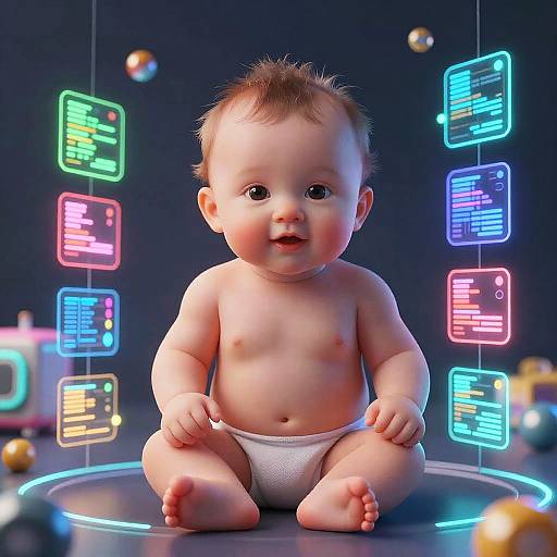 Photorealistic CGI of a chubby, smiling baby with light skin, short brown hair, wearing white diaper, sitting on glowing neon circuit board background.