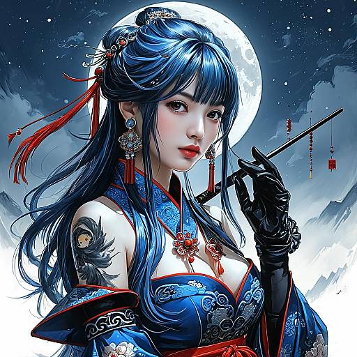 Moonlit Ink Illustration of Elegant Woman