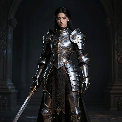 Digital artwork of a serious woman in shiny, ornate medieval armor holding a sword, standing in a dark, gothic archway.