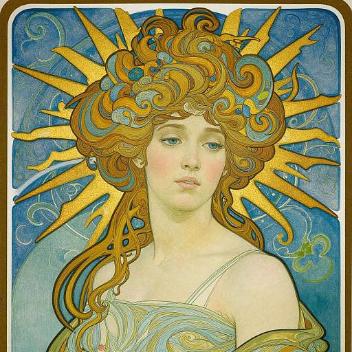 Art Nouveau-style digital illustration of a fair-skinned woman with flowing orange hair, golden sunburst halo, and serene expression, against a blue,