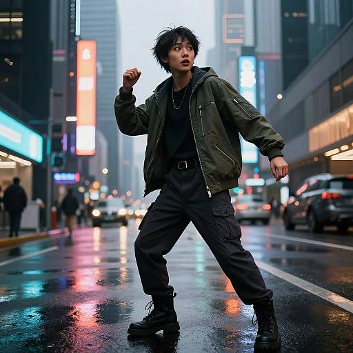 Photograph of an Asian man in a green jacket and black pants, standing confidently on a wet, neon-lit city street at night, with blurred