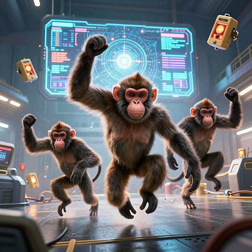 CGI image of four muscular, fur-covered monkeys with raised fists, jumping in a futuristic lab with glowing neon screens and floating devices.