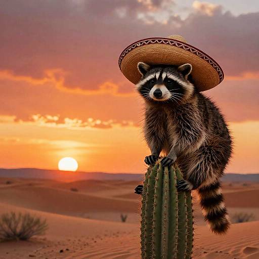 Raccoon in Sombrero on Cactus