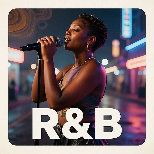 Photograph of a black woman with short curly hair, singing into a microphone on a neon-lit street at night, wearing a black sleeveless top