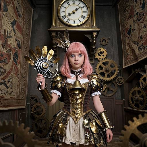 Steampunk girl with pink hair, gold armor, and mechanical wand stands in a dark room with gears and a clock.
