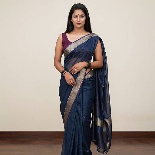 Photograph of an Indian woman with medium brown skin, straight black hair, wearing a navy blue saree with silver trim, purple blouse, standing against