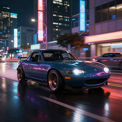 Photograph of a sleek, blue, neon-lit sports car speeding through a vibrant, neon-filled city night street, with blurred lights and reflections on