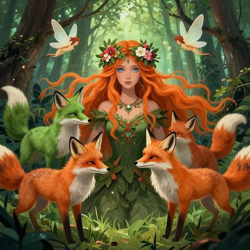 Digital fantasy artwork of a red-haired fairy in a leafy dress, surrounded by four red foxes and two fairies, in a sunlit forest