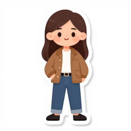Cartoon-style drawing of a smiling girl with long black hair, wearing a brown jacket, white shirt, blue jeans, and black shoes.