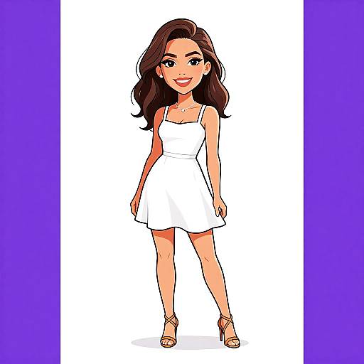 Digital cartoon of a smiling woman with wavy brown hair, wearing a white sleeveless dress and tan high heels, standing against a white background with purple