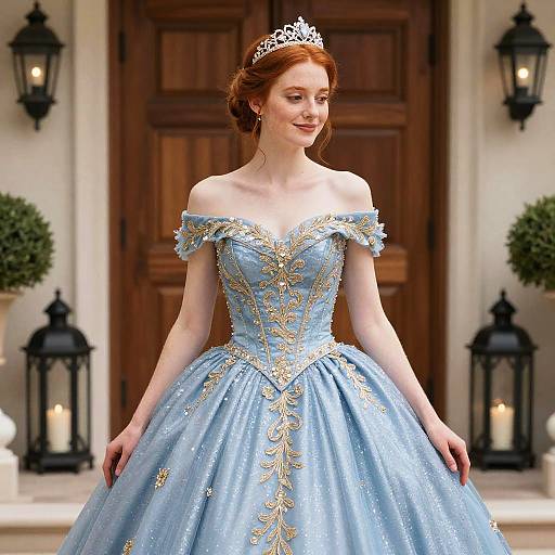 Red-haired woman in glittery blue ball gown