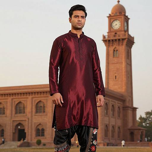 Photograph of a serious South Asian man in a burgundy satin kurta with intricate embroidery, standing in front of a historic brick clock tower building at