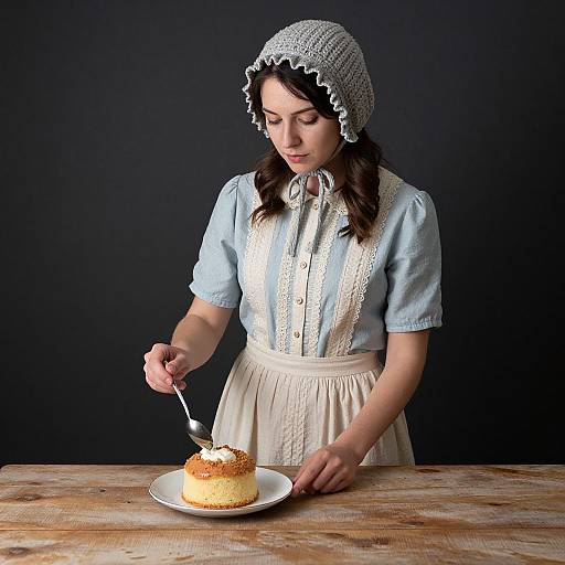 Woman in Bonnet with Cake and Cup