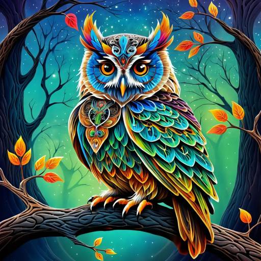 Vibrant Fantasy Owl on a Branch