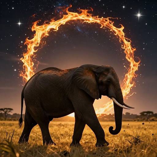 Photograph of a dark-skinned elephant walking on a grassy plain under a starry night sky, with a fiery circular halo above its head.
