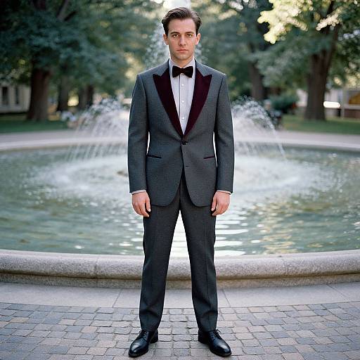 Photograph of a young man with fair skin, dark hair, wearing a gray tuxedo with black bow tie, standing in front of a circular