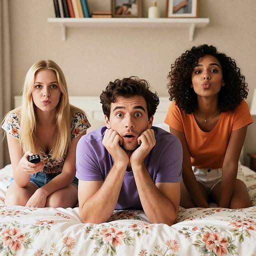 Family Portrait on Floral Bedspread