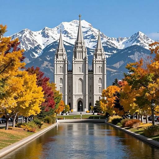 Photograph of a Gothic-style cathedral with two towers, surrounded by autumn-colored trees, in front of snow-capped mountains, with a reflecting pond in
