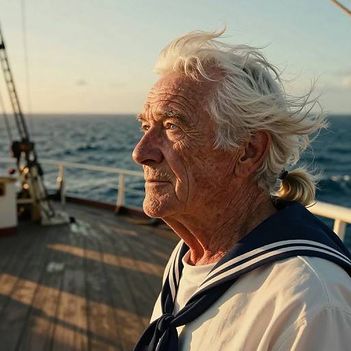 Photograph of an elderly white man with white hair and beard, wearing a sailor shirt, standing on a wooden ship deck at sunset, ocean in background